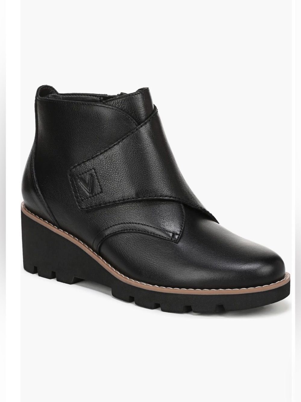 New Vionic Abby Women’s 9 M Black Leather Wedge Ankle Boots Lug Sole Booties